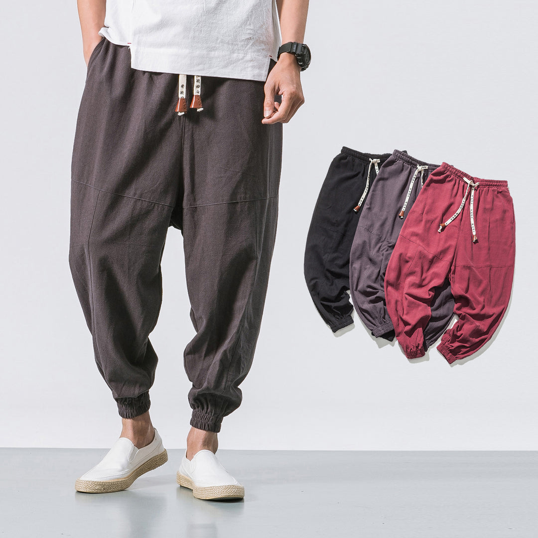 Herren nan relaxed Fit Leinen-Jogger mit Tunnelzug, eingesetzten Knieteilen und elastischen Bündchen Drune