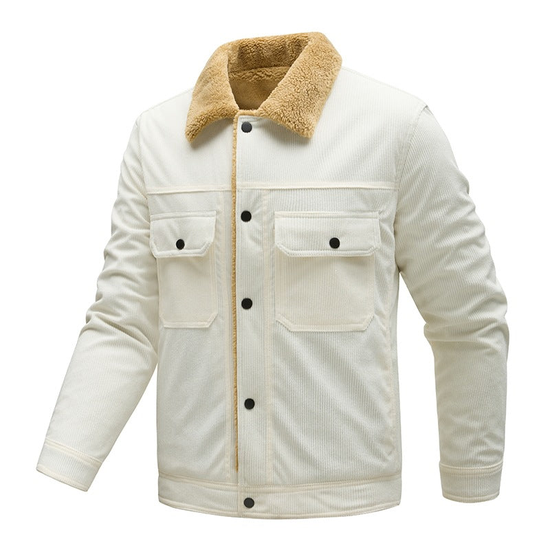 Herren Kordjacke mit Teddyfutter, Kunstfellkragen und Druckknopftaschen Drune
