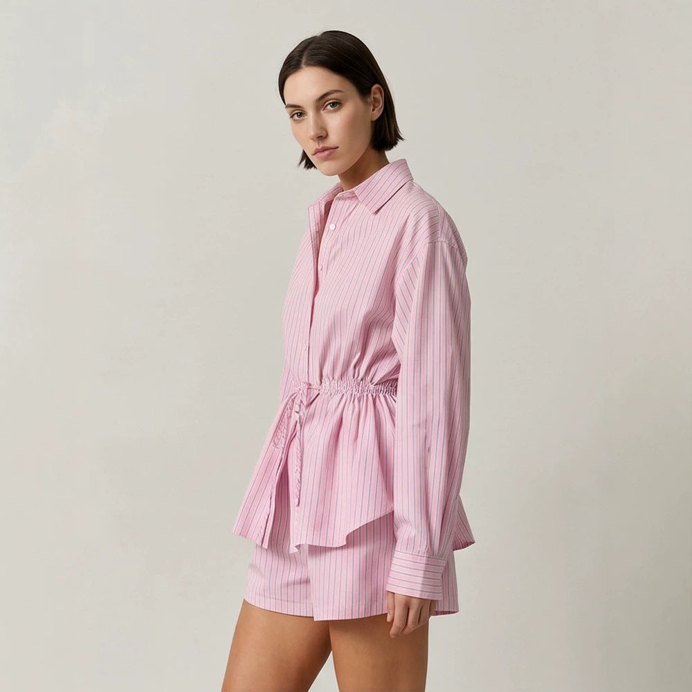 Damen Gestreiftes Loungewear-Set aus Leichtbaumwolle mit Kordel-Taille & Shorts Drune