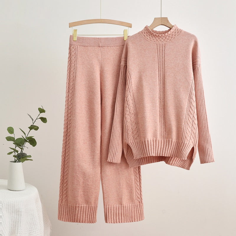 Damen komfortables Strick-Loungewear-Set mit hohen Bündchen und dekorativen Zopfmustern Drune