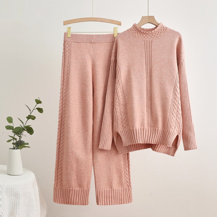 Damen komfortables Strick-Loungewear-Set mit hohen Bündchen und dekorativen Zopfmustern Drune