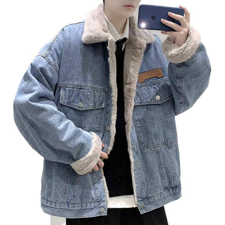 Herren Gefütterte Oversized Denimjacke mit Teddyfutter und Pattentaschen Drune