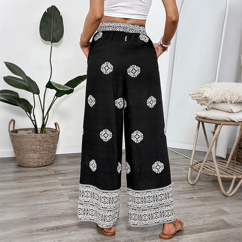 Damen Boho-Print Palazzohose mit weitem Bein, elastischem Tunnelzugbund und seitlichen Taschen Drune
