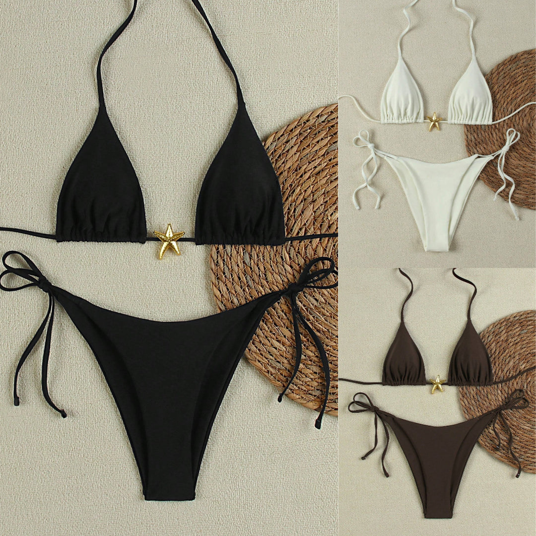 Damen Triangel-Bikini-Set mit verstellbaren Trägern und dekorativem Schmuckelement Drune