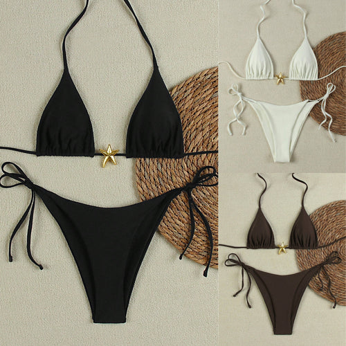 Damen Triangel-Bikini-Set mit verstellbaren Trägern und dekorativem Schmuckelement Drune