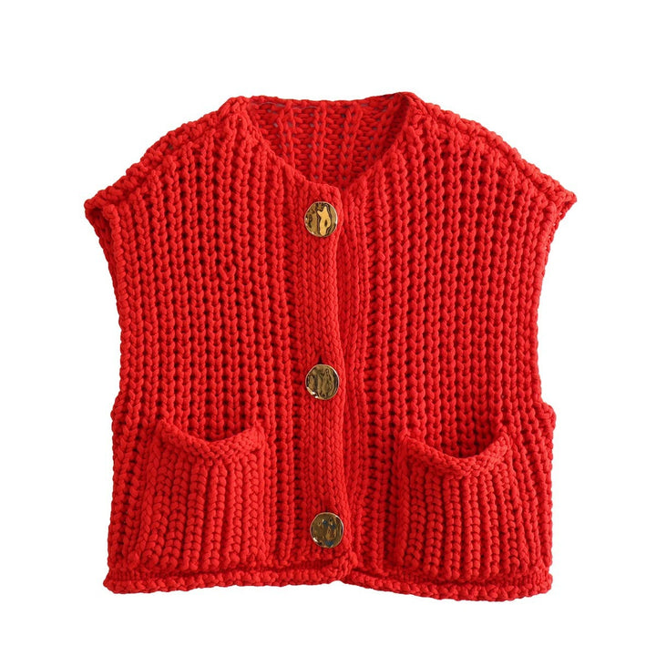 Damen Kurzgeschnittene Ärmellose Strickweste mit V-Ausschnitt und Zierknöpfen Drune