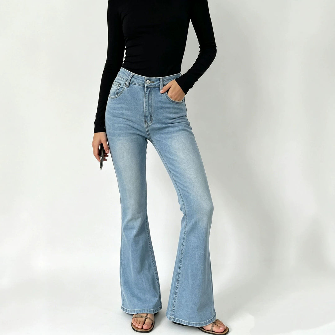 Damen nan hochgeschnittene Jeans mit schmaler Hüftpartie und weitem Schlag mit elastischem Bund Drune