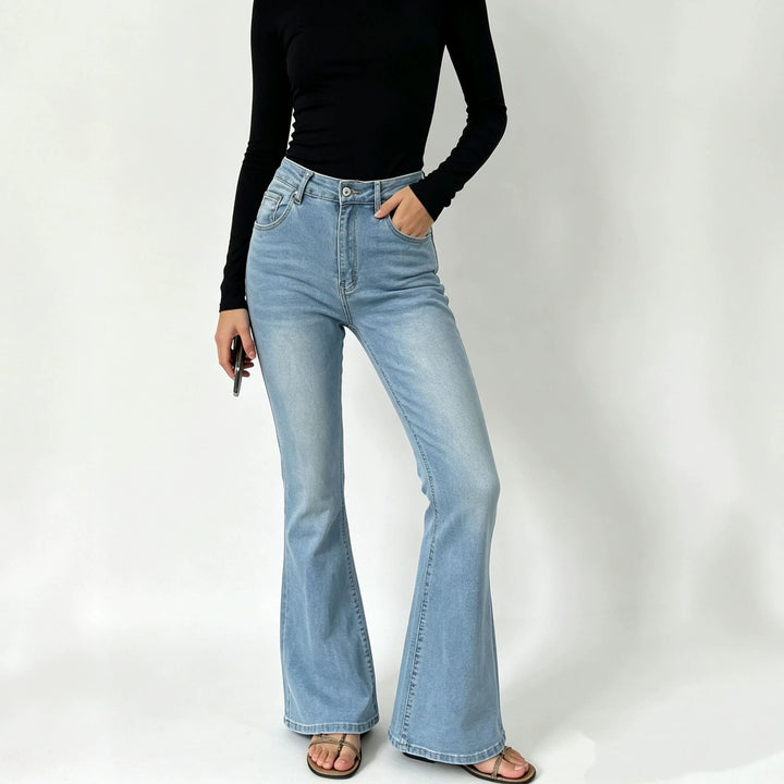 Damen nan hochgeschnittene Jeans mit schmaler Hüftpartie und weitem Schlag mit elastischem Bund Drune
