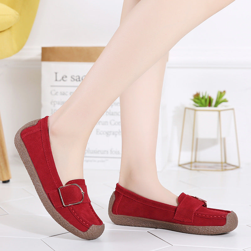 Damen nan Mokassin-Slipper aus Veloursleder mit dekorativer Metallschnalle, gepolstertem Fußbett und rutschfester Gummilaufsohle Drune