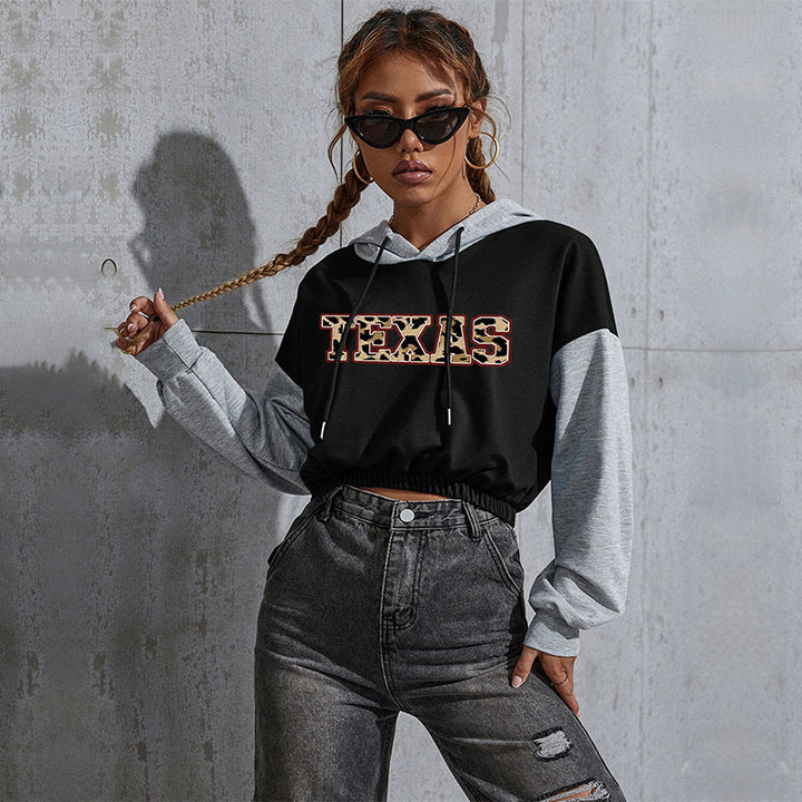 Damen Kurzgeschnittener Kapuzenpullover mit Teddy‑Print, Colorblock‑Ärmeln und elastischem Saum Drune