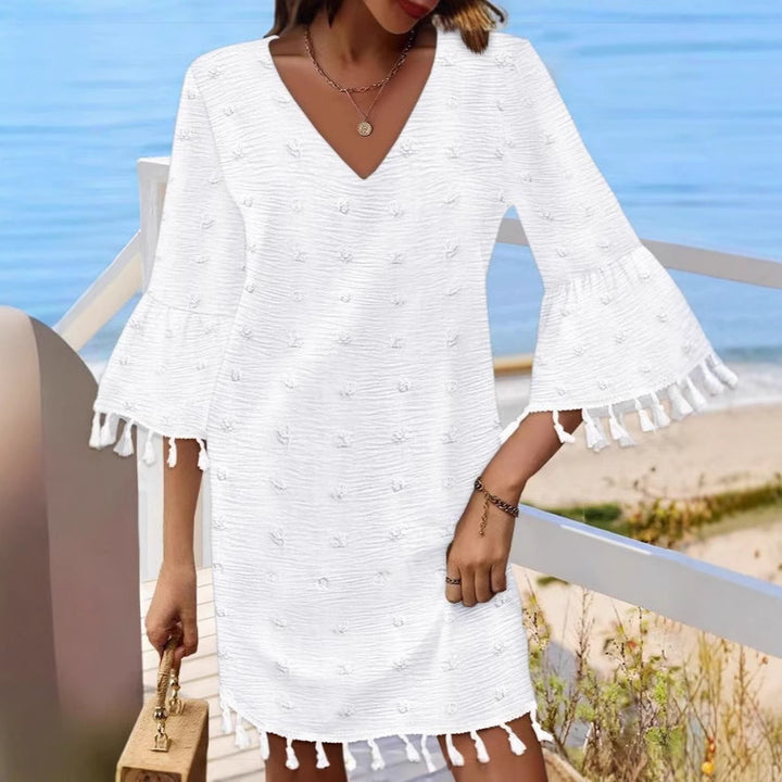 Damen Strandkleid mit modischen Fransen und V-Ausschnitt Drune