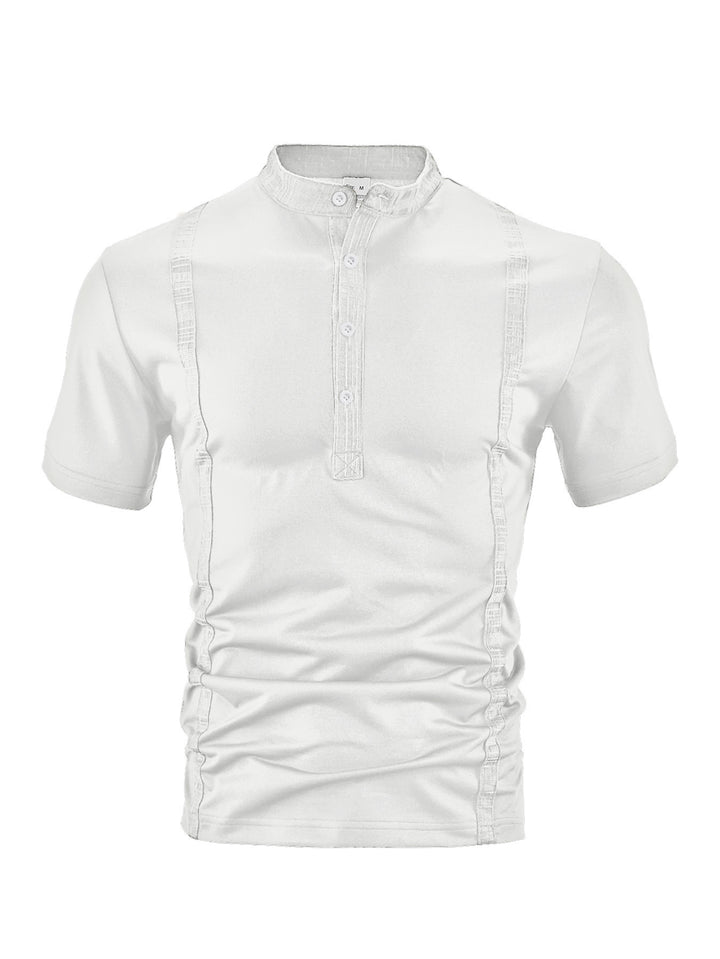 Herren nan Kurzarm-Stehkragenshirt mit verdeckter Knopfleiste, Zierpaspeln und figurbetonter Silhouette Drune