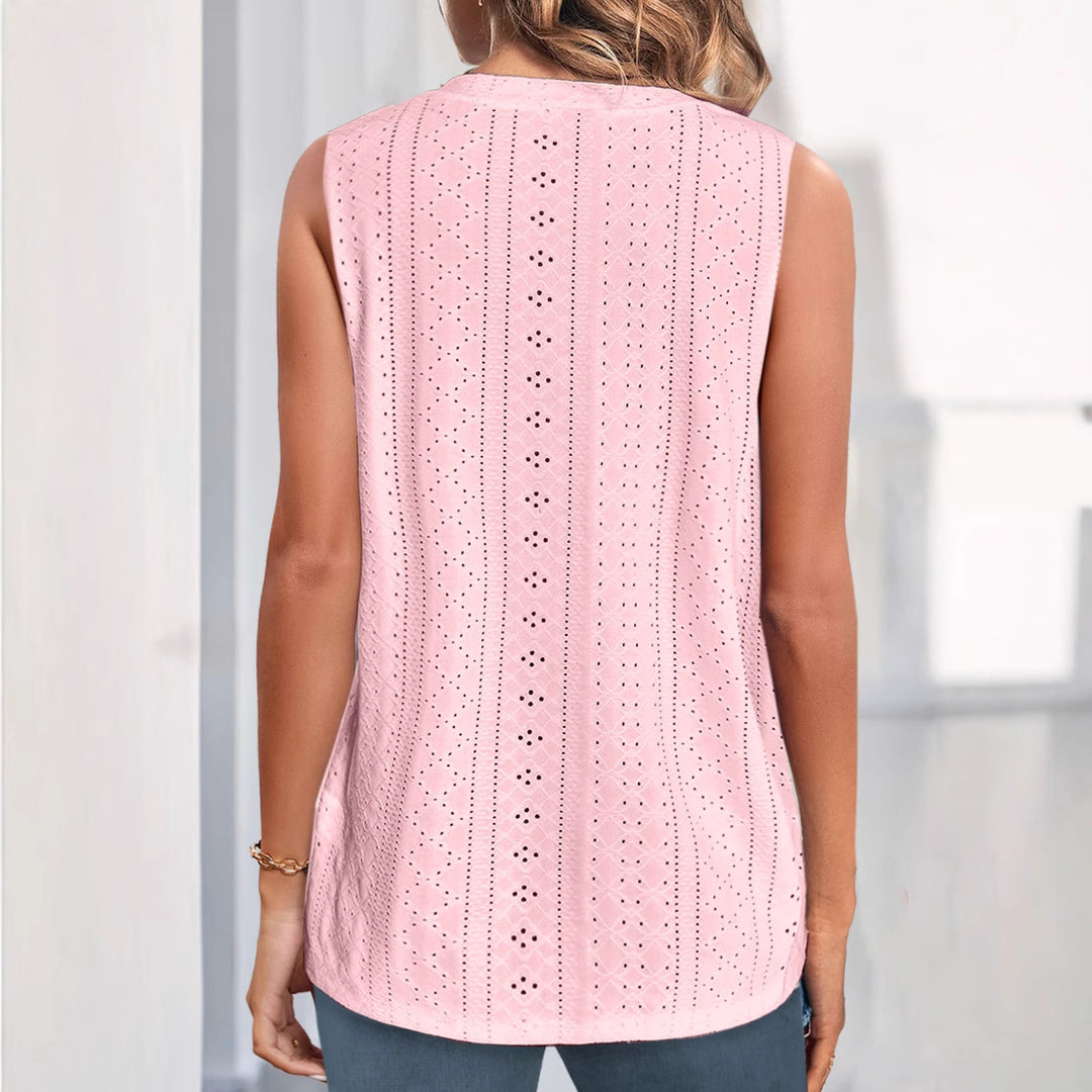 Damen nan ärmelloses Broderie-Anglaise-Top mit V-Ausschnitt und dekorativer Zierknopfleiste Drune