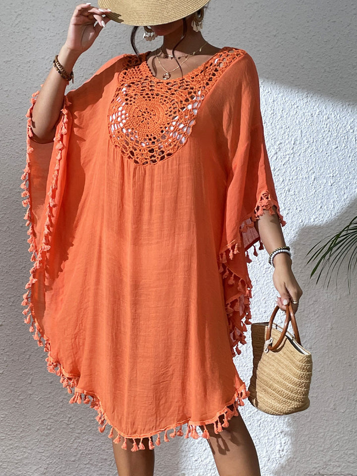 Damen Strandtunika mit elegantem Häkelmuster und fransigen Details Drune