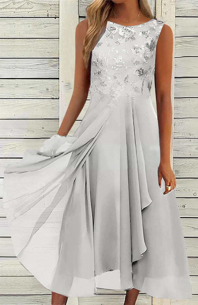 Damen nan ärmelloses Chiffon-Midikleid mit bestickter Brustpartie und asymmetrischem Lagenrock Drune