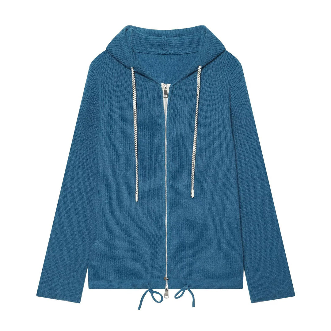 Damen Strickkapuzenjacke mit durchgehendem Reißverschluss, Rippenstruktur und Tunnelzug Drune