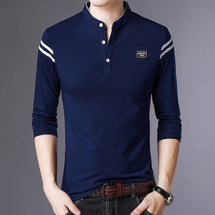 Herren Slim-Fit Langarm-Henley mit Stehkragen und Schulterstreifen Drune