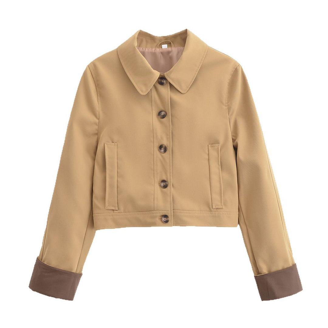 Damen Cropped Utility-Jacke mit Hemdkragen, kontrastierten Umschlagmanschetten und durchgehender Knopfleiste Drune