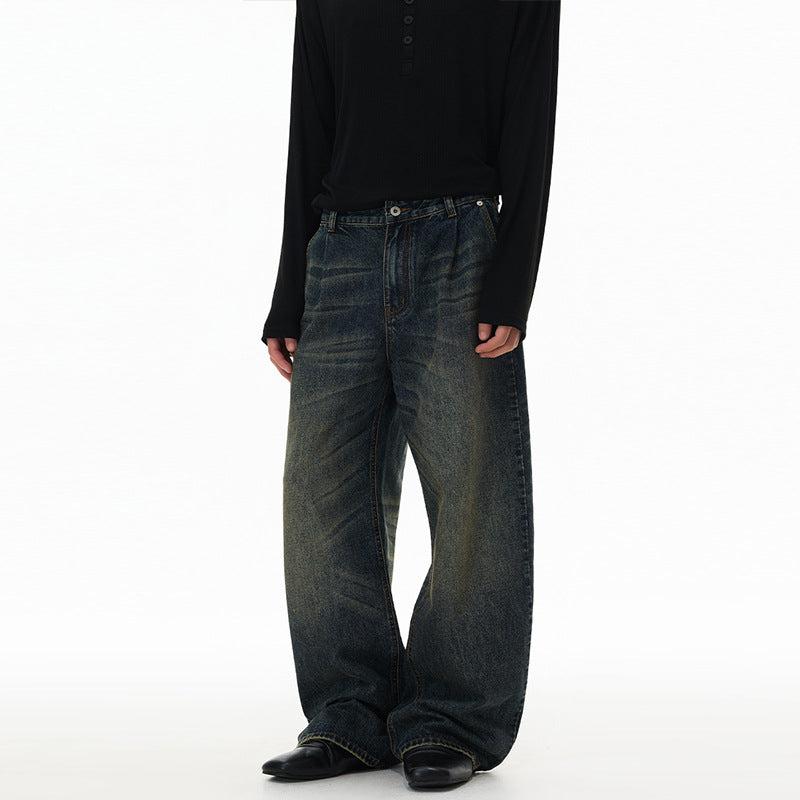 Herren Ultraweite Bodenlange Denim-Palazzohose im Marlene-Baggy-Stil mit tiefem Schritt Drune