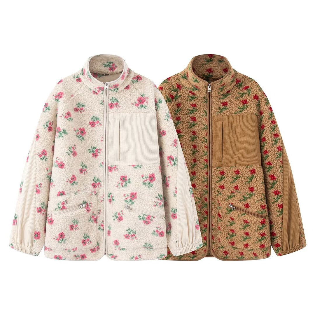 Damen nan Teddy-Fleece Jacke mit floralem Muster, Feincord-Einsätzen, Stehkragen und Reißverschluss Drune