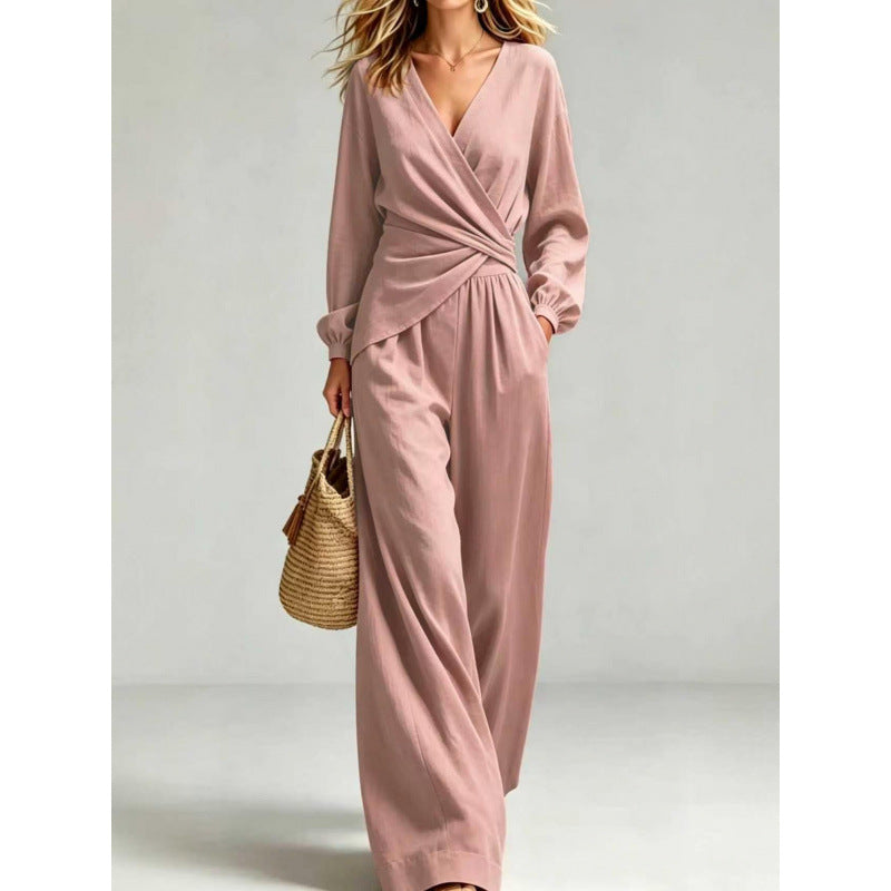 Damen Wickel-Jumpsuit mit weitem Bein und V-Ausschnitt Drune