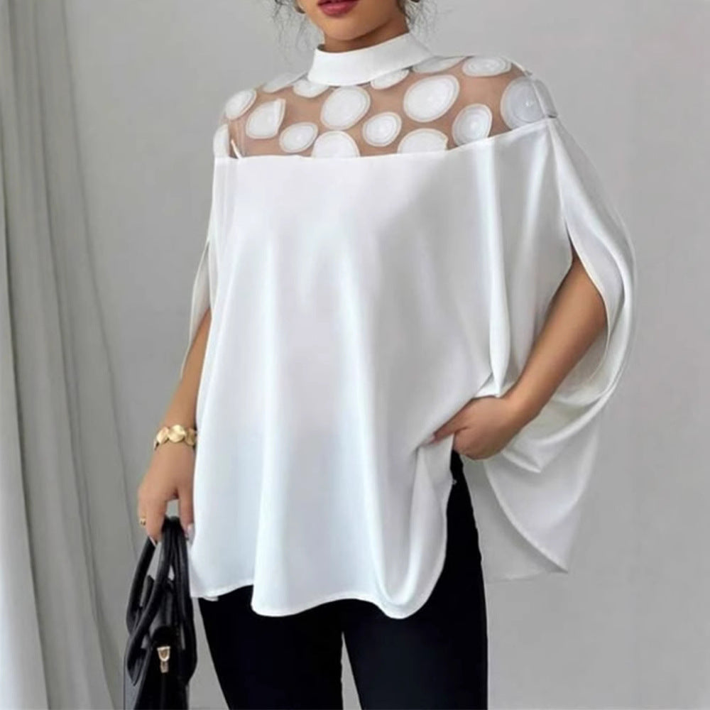 Damen nan elegante Tunika-Bluse mit Stehkragen, transparenter Rund-Applikationspasse und Cape-Ärmeln Drune