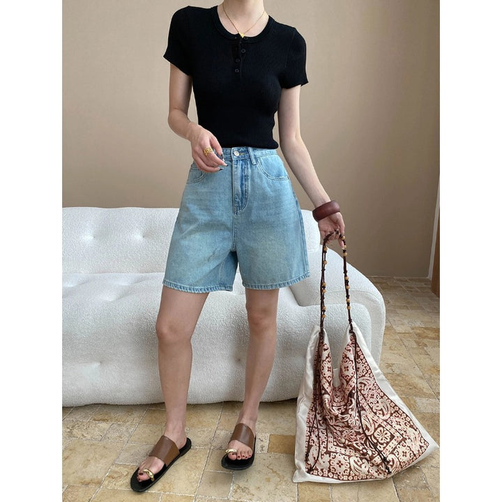 Damen kurzarm Henley-Oberteil mit feiner Rippstruktur Drune