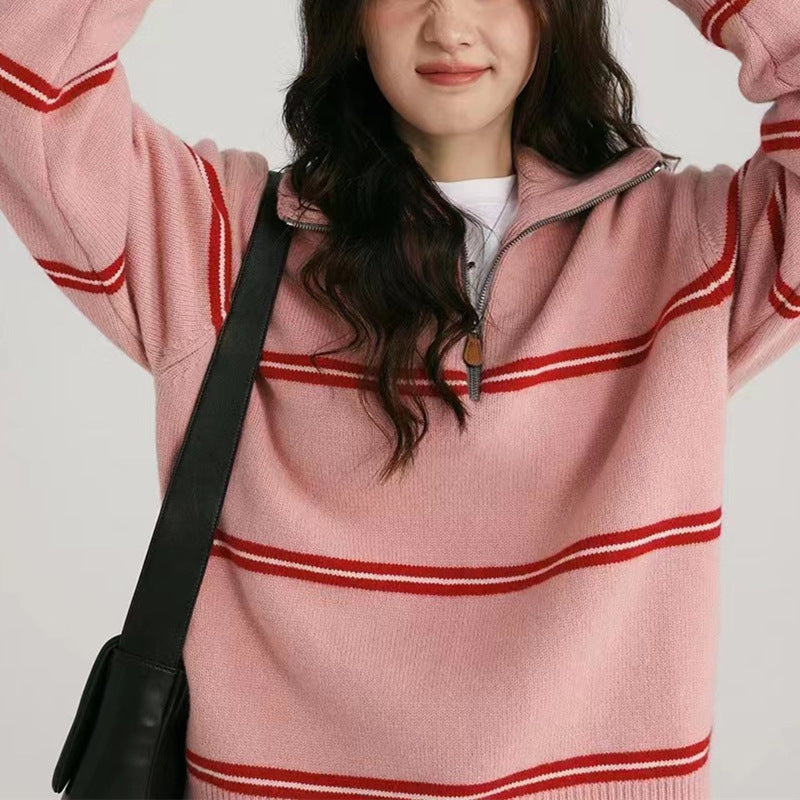 Damen lässiger Strickpullover mit modernem Reißverschluss und farblich abgesetzten Streifen Drune