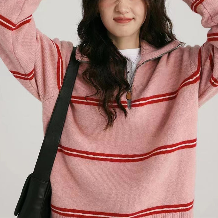 Damen lässiger Strickpullover mit modernem Reißverschluss und farblich abgesetzten Streifen Drune