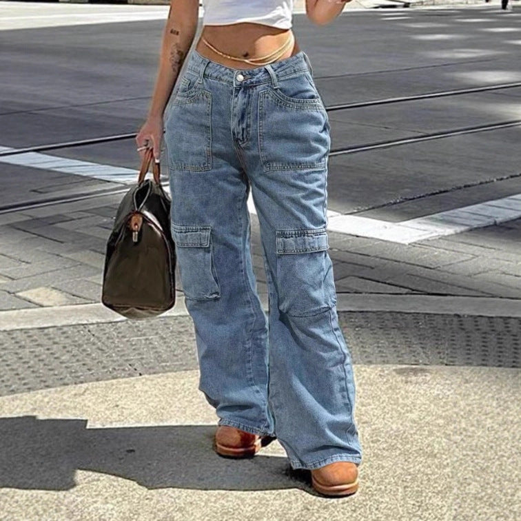 Damen Hochbundweite Cargo-Denimhose mit Utility-Taschen Drune