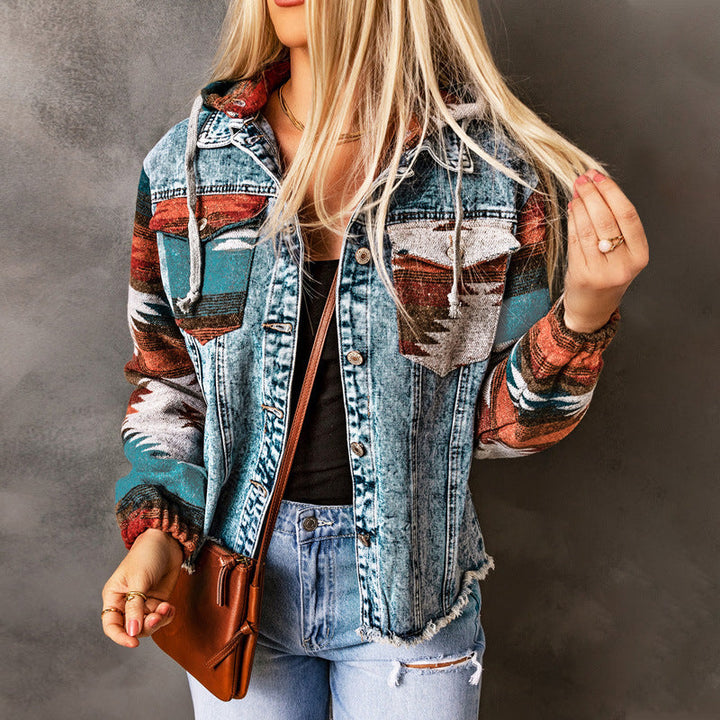 Damen Denimjacke im lässigen Boho-Stil mit Kapuze Drune