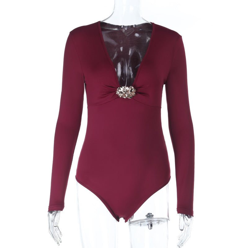 Damen eleganter einteiliger Badeanzug mit tiefem V-Ausschnitt und langem Arm Drune