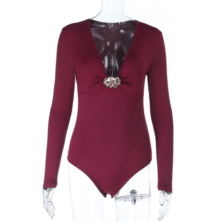 Damen eleganter einteiliger Badeanzug mit tiefem V-Ausschnitt und langem Arm Drune