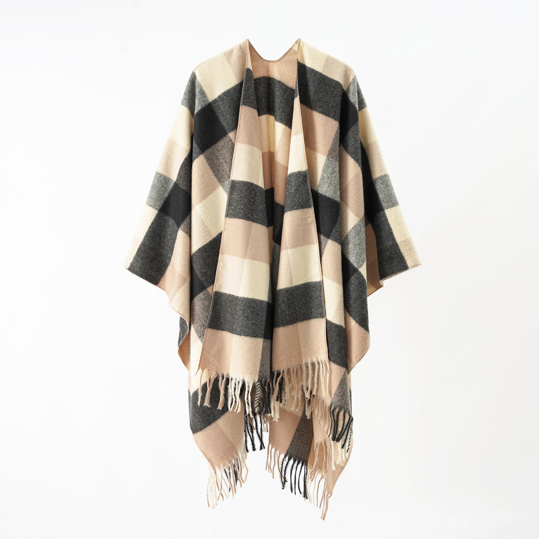 Damen Oversize-Wrapponcho aus Wollmix mit grafischem Rautenmuster und Fransensaum Drune