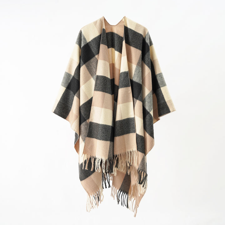Damen Oversize-Wrapponcho aus Wollmix mit grafischem Rautenmuster und Fransensaum Drune
