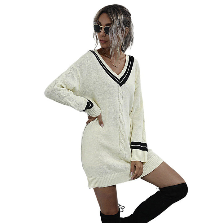 Damen Lässiges Strickkleid mit V-Ausschnitt Drune
