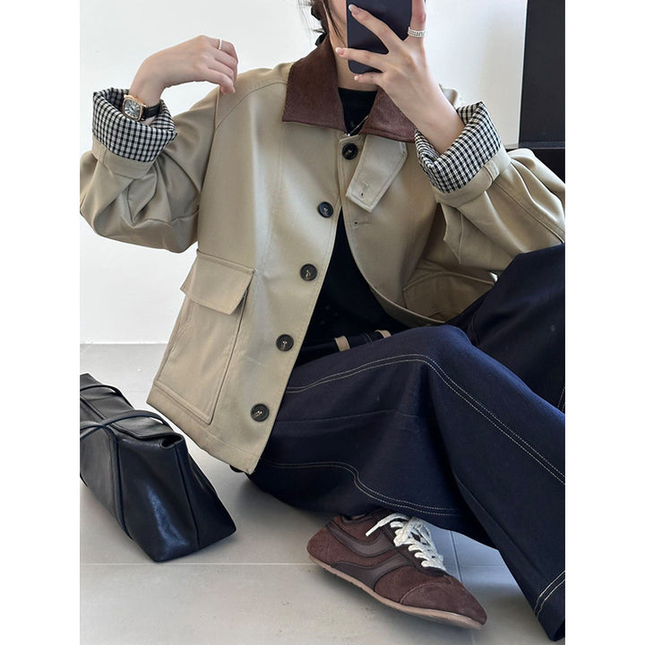 Damen Boxy Übergangsjacke mit Cordkragen und großen Pattentaschen Drune