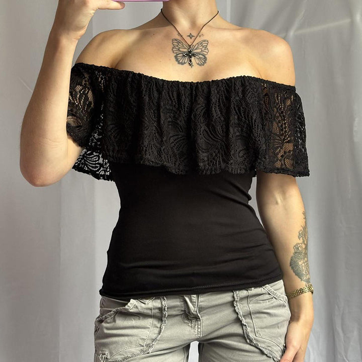 Damen Off-Shoulder Oberteil mit Rüschendetails und eleganten Spitzenakzenten Drune