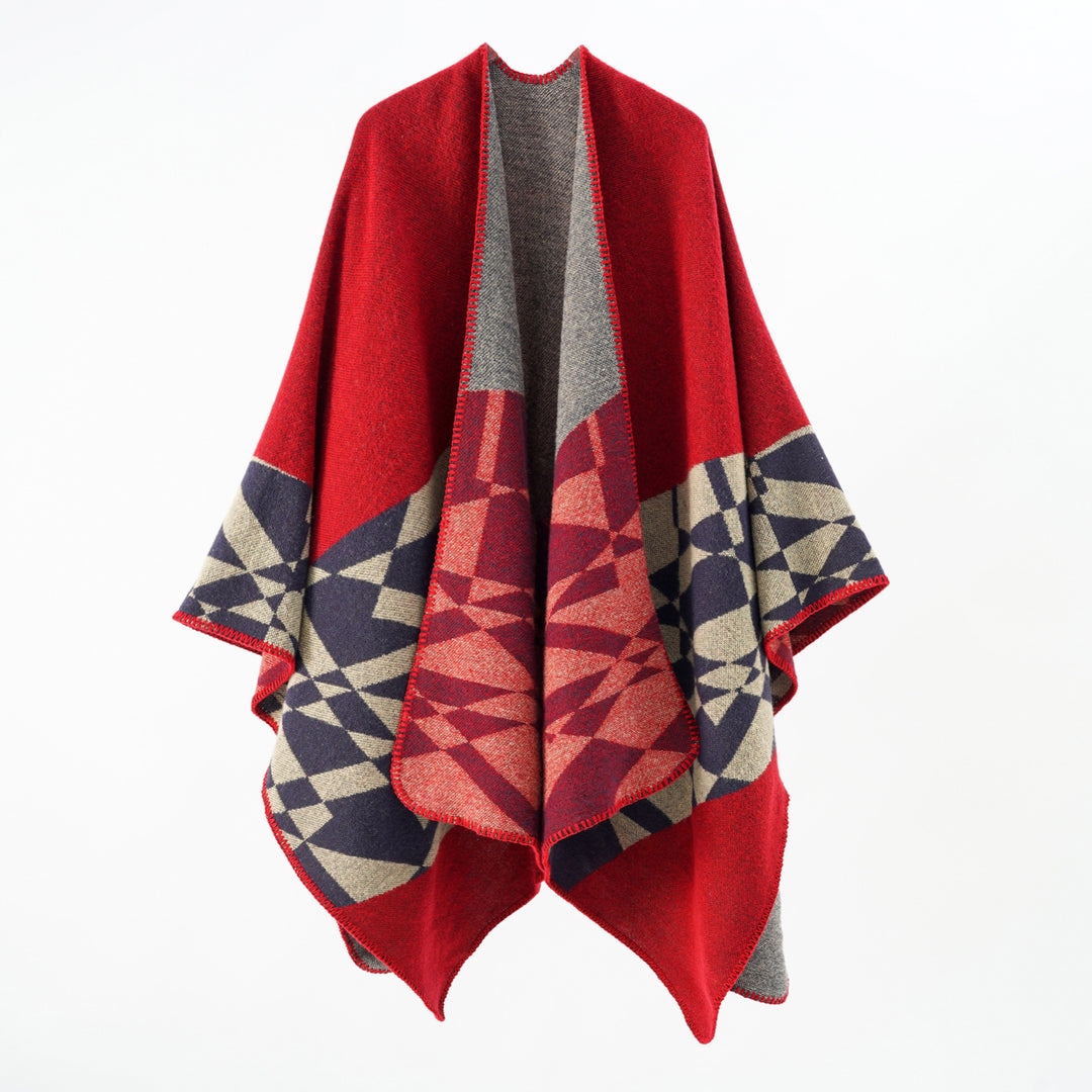 Damen Großer Strickponcho im Cape‑Schnitt mit Ziernaht und geometrischem Intarsia Drune
