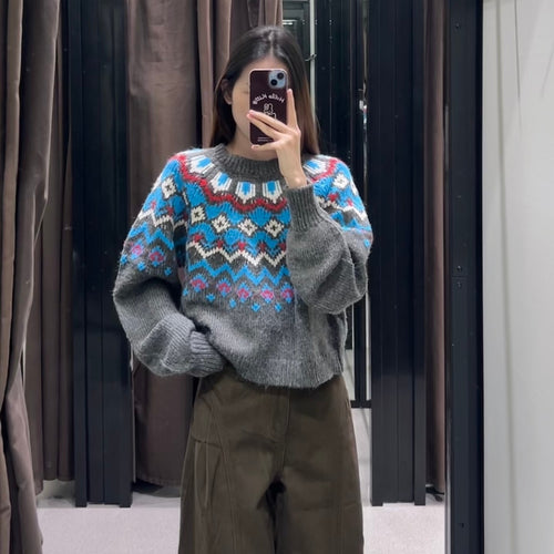 Damen gestrickter Pullover mit farbenfrohem Muster Drune