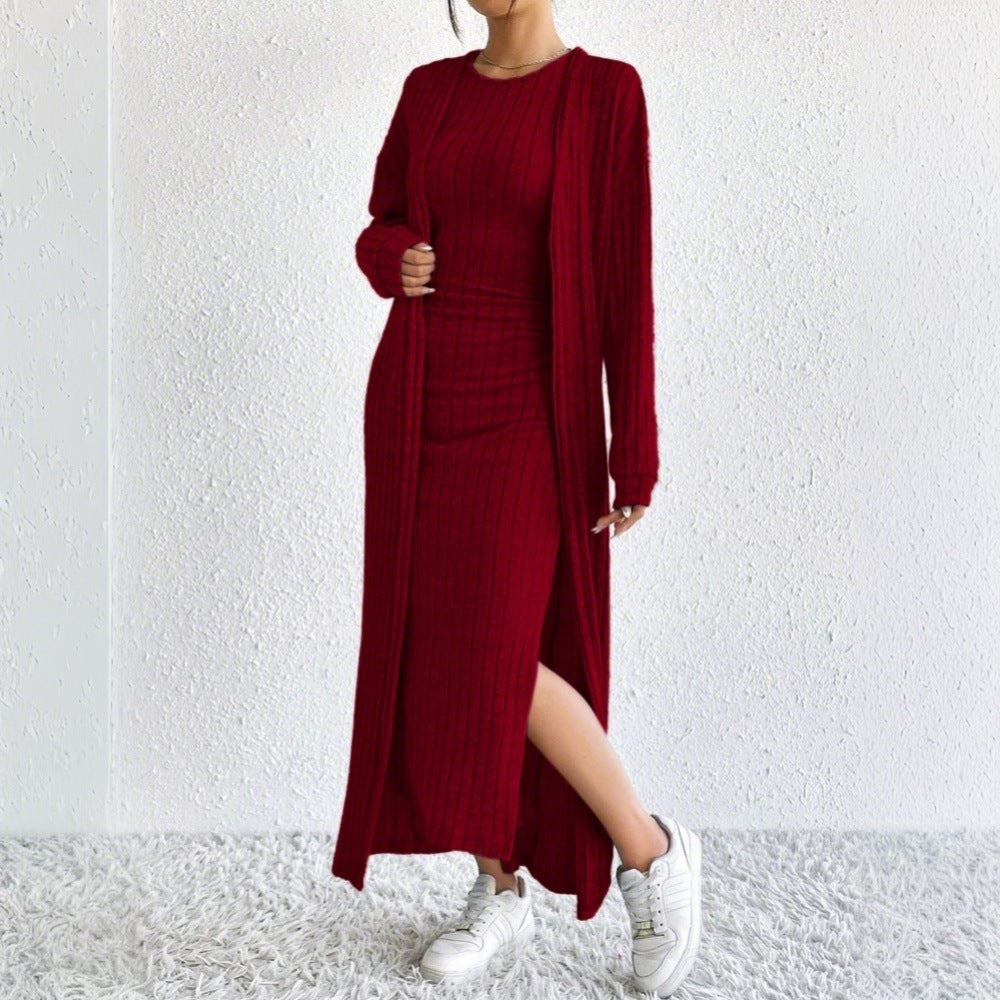 Damen geripptes Midikleid mit figurformendem Bustieroberteil hohem Seitenschlitz und passendem Longcardigan aus Feinstrick Drune