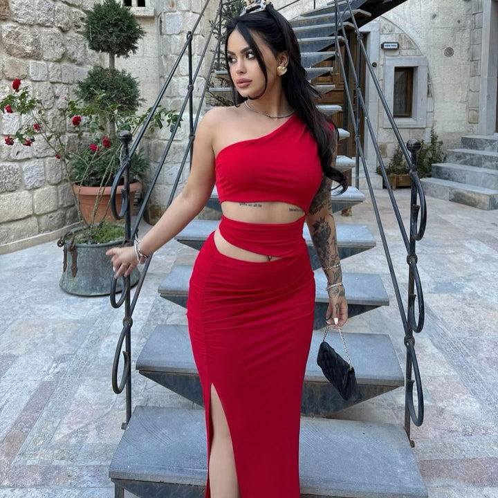 Damen asymmetrisches Maxikleid mit Rüschen und hohem Seitenschlitz Drune