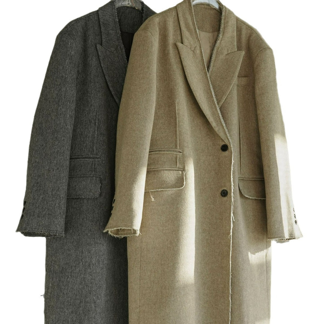 Damen Boxy Langmantel aus Wollmix mit ausgefransten Kanten und Doppelreiher Drune