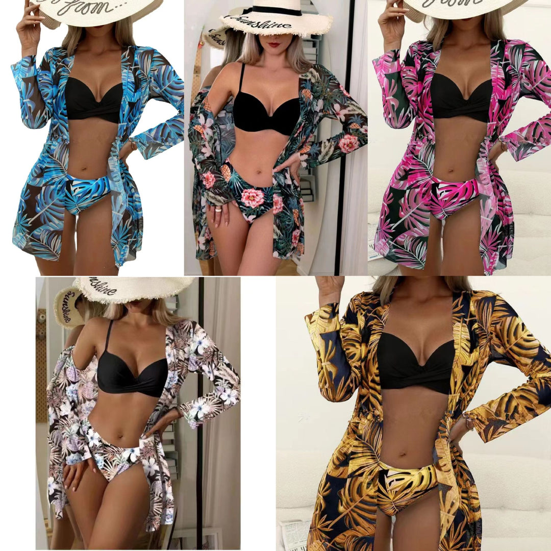 Damen Strand-Bikini mit floralen Verzierungen und elegantem Kimono Drune