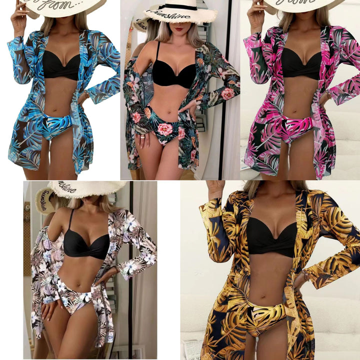 Damen Strand-Bikini mit floralen Verzierungen und elegantem Kimono Drune
