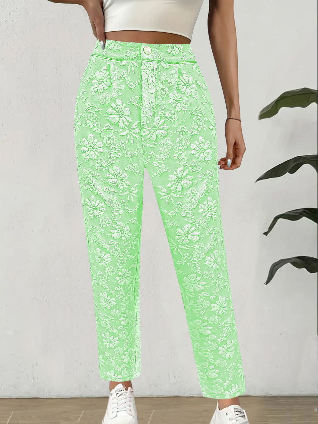 Damen Hochtaillierte Bundfalten‑Hose mit floralem Jacquard und geradem Bein Drune