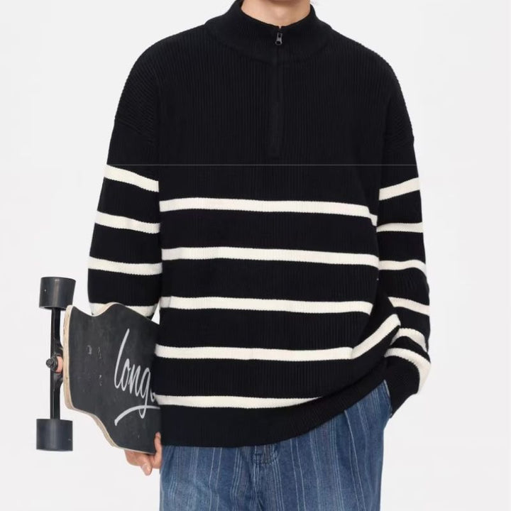 Unisex Oversize Strickpullover mit halbem Reißverschluss, maritimen Kontraststreifen und strukturierter Rippoptik Drune