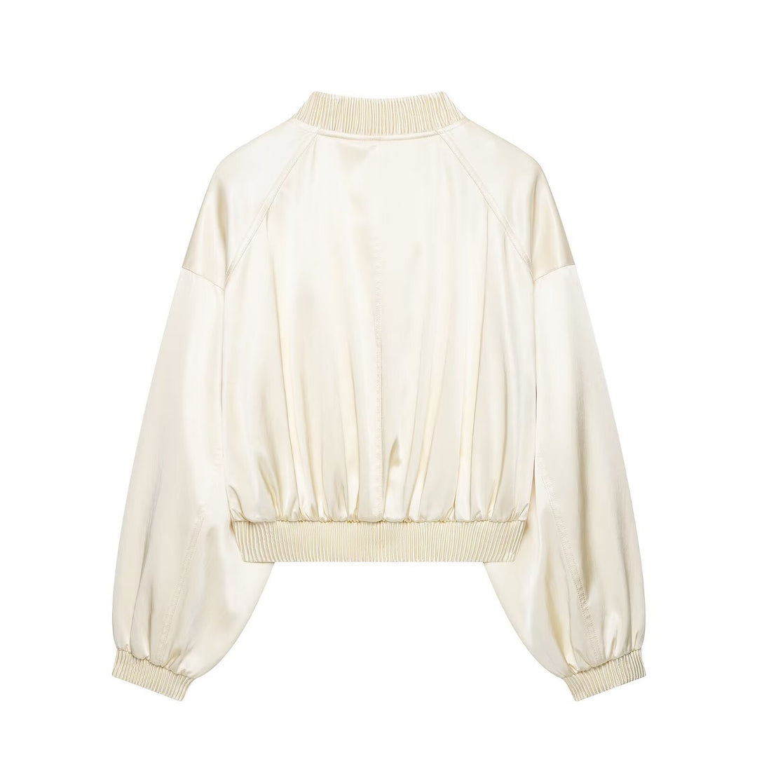 Damen Kurzer Satin-Bomber mit Oversize-Ballonärmeln und Rippkragen Drune