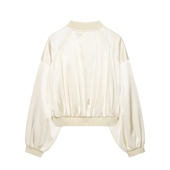 Damen Kurzer Satin-Bomber mit Oversize-Ballonärmeln und Rippkragen Drune