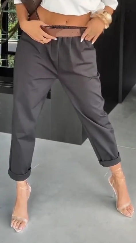 Damen nan hochtaillierte Paperbag-Hose mit gerafftem Bund, Eingrifftaschen und gekrempeltem Saum Drune